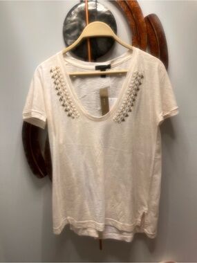 J. Crew ivory Scoop Neck Short Sleeve Top with Bead Embellishment XS